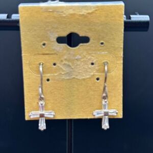 925 Sterling Silver Dainty Small Cross Dangling Earrings w/ Baguette Accents